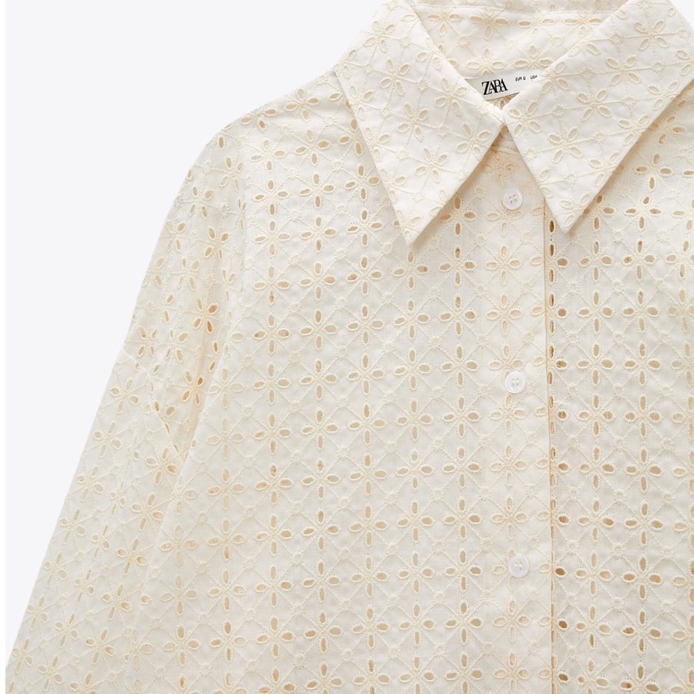 Zara NWT Oversized Cutwork Embroidered Buttoned Top Medium Ecru - Picture 6 of 10